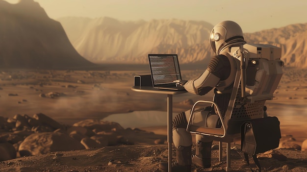 An astronaut codes on a laptop on the surface of Mars