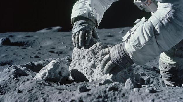 Photo astronaut collecting samples on the surface of the moon