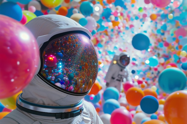 Photo astronaut among colorful balloons