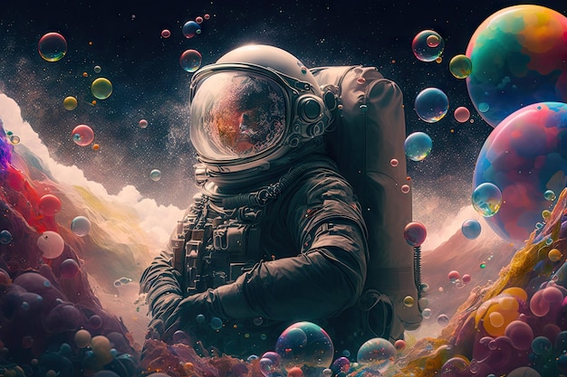 Astronaut in a colorful bubbles galaxy ai generative