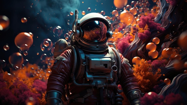 Astronaut in in a colorful bubbles galaxy on a different planet