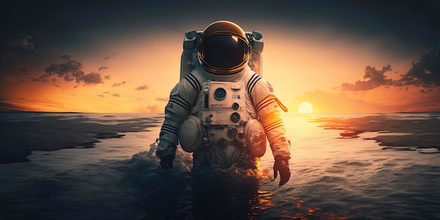 Astronaut coming out of the sea with the sunset in the background AIGenerated