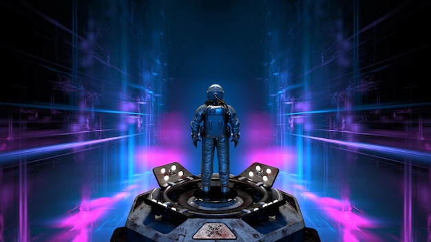 Astronaut cosmonaut discovery of new worlds of galaxies panorama fantasy portal to far universe Astronaut space exploration gateway to another universe 3d render