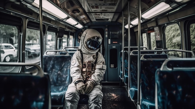 Astronaut cosmonaut rides in a bus Generative AI