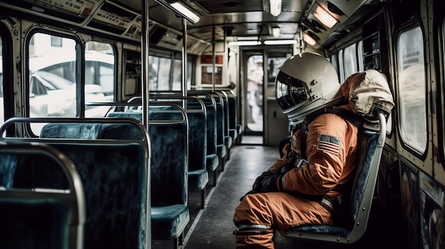 Astronaut cosmonaut rides in a bus Generative AI