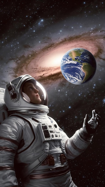 Astronaut day thinking spaceman in outer space cosmos galaxy helmet off looking at globus