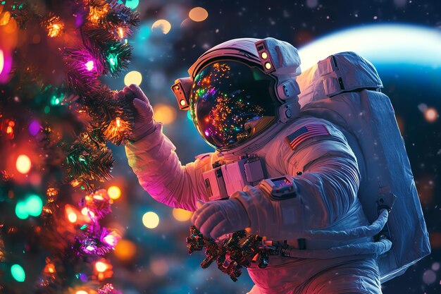 Astronaut Decorating Christmas Tree In Space