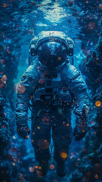 astronaut in deep water with glowing lights and a blue background generative ai