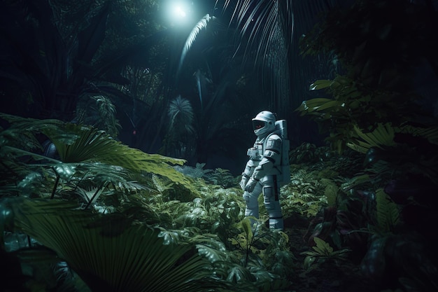 Astronaut in dense jungle explores fauna world knowledge concept exploration