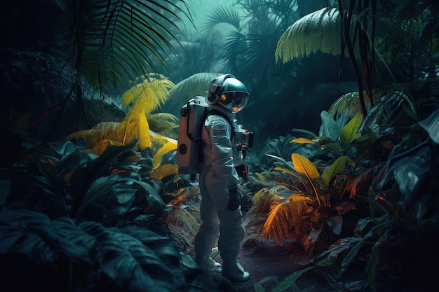 Astronaut in dense jungle explores fauna world knowledge concept exploration