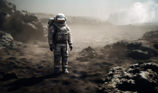 Astronaut in a dirty suit stands on the bare dusty landscape in the smoke Exploring the deserted planet Generative AI