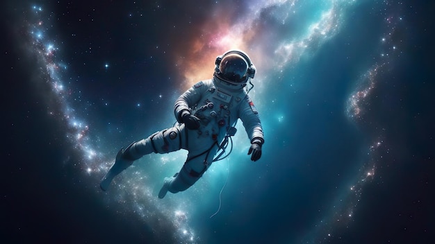 Astronaut dives into cosmic wonders amidst stars embodying boundless exploration in stellar abyss