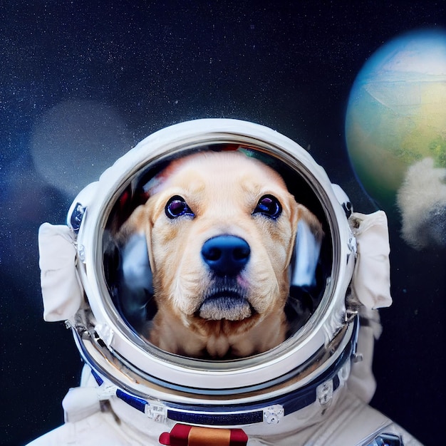 Astronaut dog portrait with spacesuit uniform 3d rendering illustration