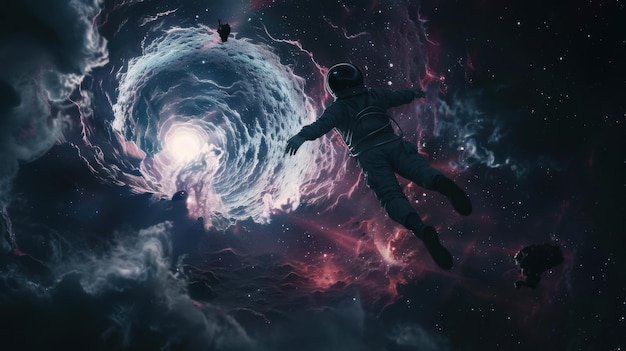 Astronaut drifting near a cosmic vortex