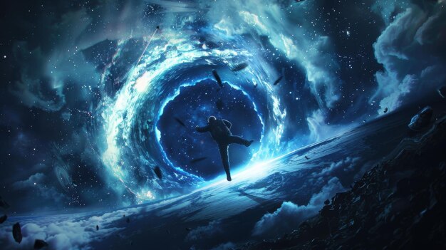 Astronaut drifting near a cosmic vortex