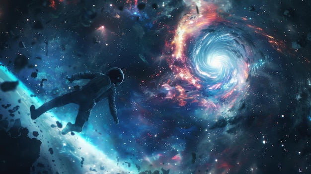 Astronaut drifting near a cosmic vortex