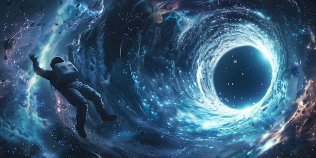 Astronaut drifting near a cosmic vortex