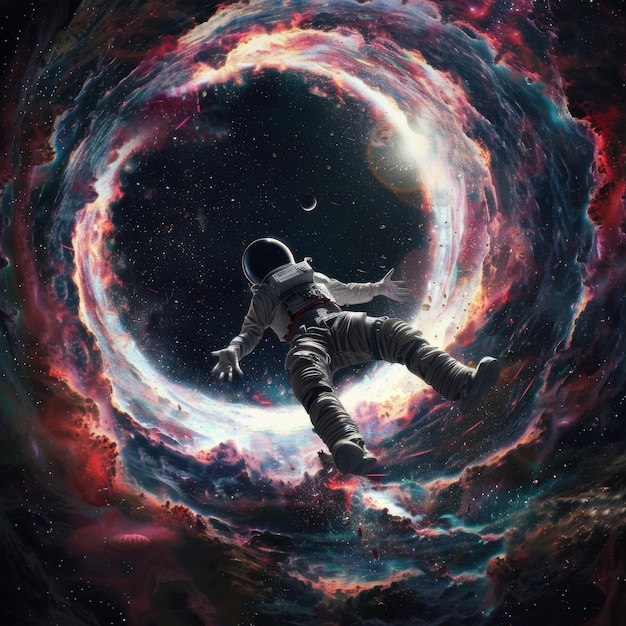 Astronaut drifting near a cosmic vortex