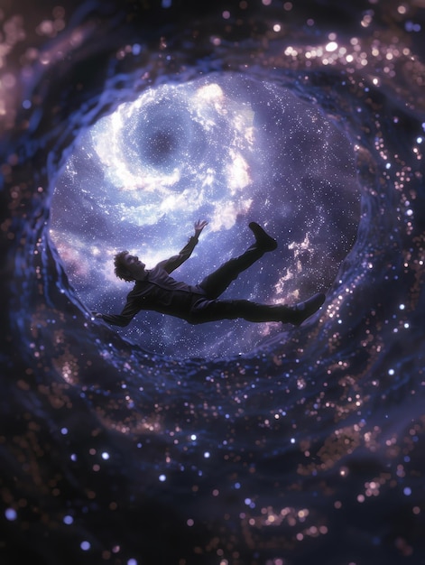 Astronaut drifting near a cosmic vortex