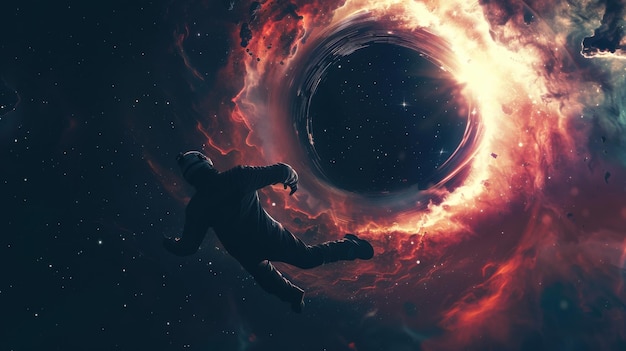 Astronaut drifting near a cosmic vortex