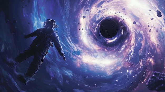 Astronaut drifting near a cosmic vortex