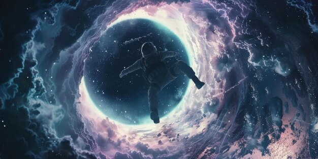 Astronaut drifting near a cosmic vortex