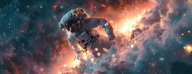 An Astronaut Drifting in Zero Gravity Amidst Cosmic Elements with Distant Galaxies and Nebulae Illum