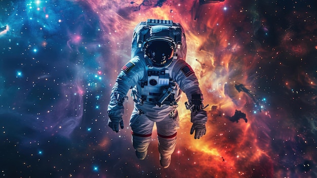 An Astronaut Drifting in Zero Gravity Amidst Cosmic Elements with Distant Galaxies and Nebulae Illum