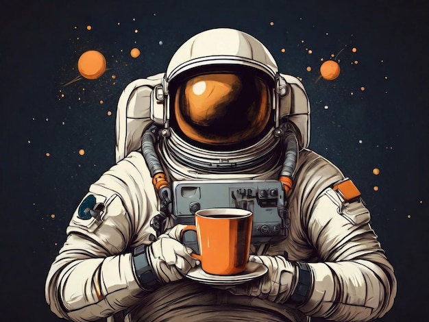 astronaut drinks hot coffee or tea in space against background of other planets and stars resting from work on a journey to other galaxies Illustration in vintage comic style