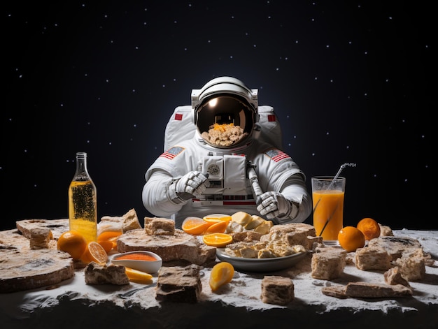 Photo a astronaut eating breakfast with oranges and orange juice