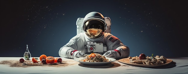 Photo astronaut eating dinner in space against a starry sky