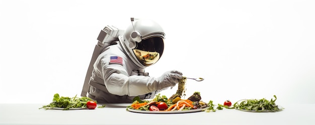 Photo astronaut eating lunch in a space suit with white background