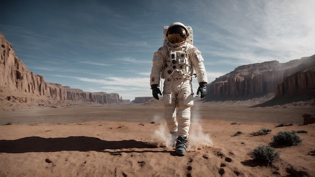 Astronaut embarks on an otherworldly journey taking tentative steps on a desolate planet's surface