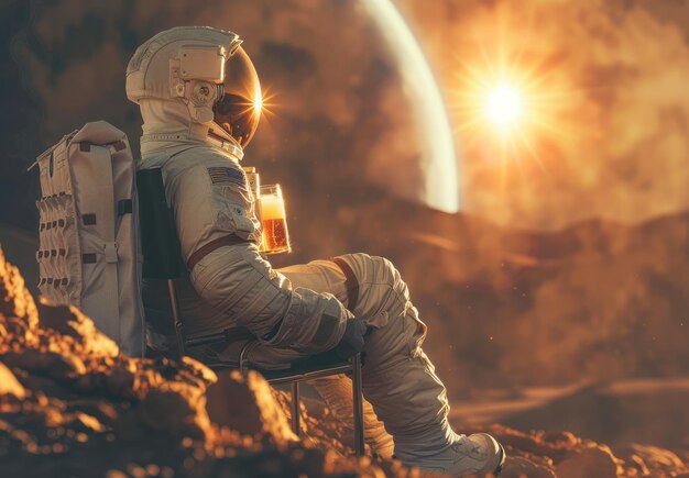 Photo astronaut enjoying the sunset on a alien planet