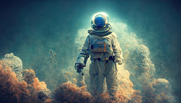 Astronaut explores an alien planet. Science fiction. 3D render.