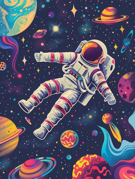 Astronaut explores a vibrant and colorful galaxy filled with planets and stars