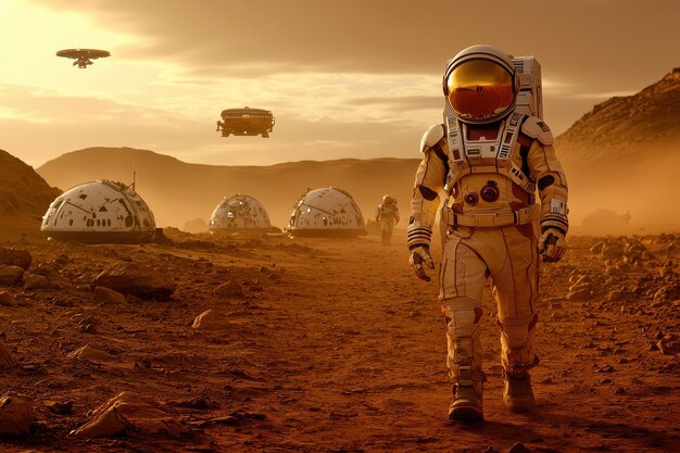 Astronaut exploring alien landscape on distant Mars planet with domed habitats