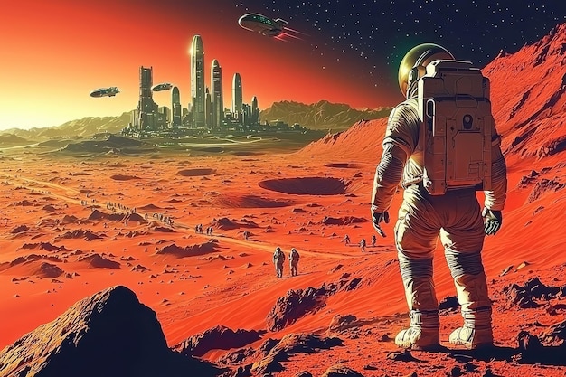 Astronaut exploring alien planet with futuristic city skyline and reddish desert landscape