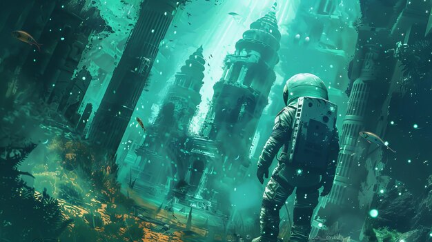 Photo astronaut exploring an ancient underwater city surrounded by mysterious ruins and glowing aquatic life in a surreal dreamlike scene