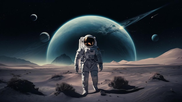 Astronaut exploring a new planet searching for a new home for humanity