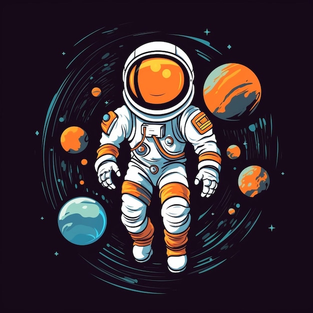 Astronaut exploring outer space surrounded by colorful planets and starry background