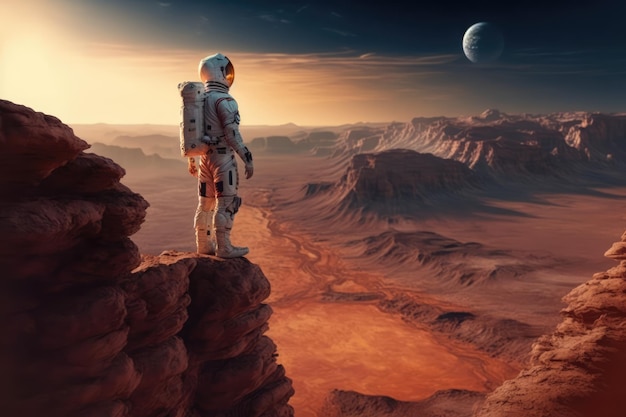 Astronaut exploring planet mars in space