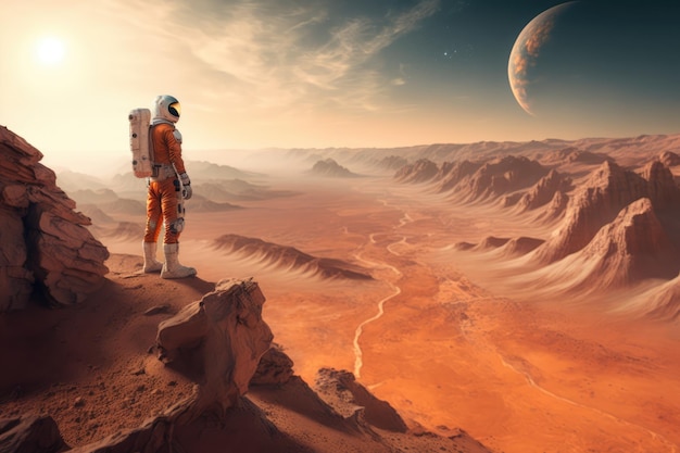 Astronaut exploring planet mars in space