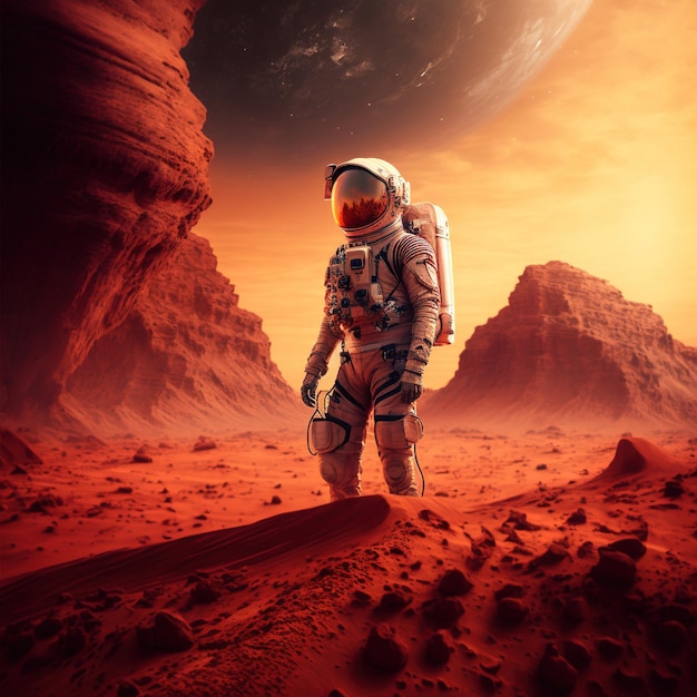 Astronaut exploring planet mars with mountains created using generative ai technology