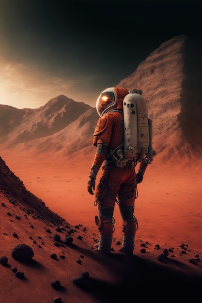 Astronaut exploring planet mars with mountains created using generative ai technology