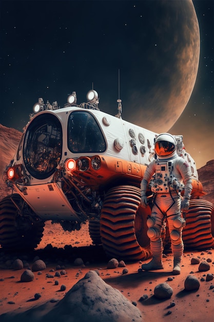 Astronaut exploring planet mars with space vehicle created using generative ai technology