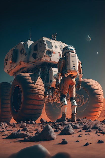 Astronaut exploring planet mars with space vehicle created using generative ai technology