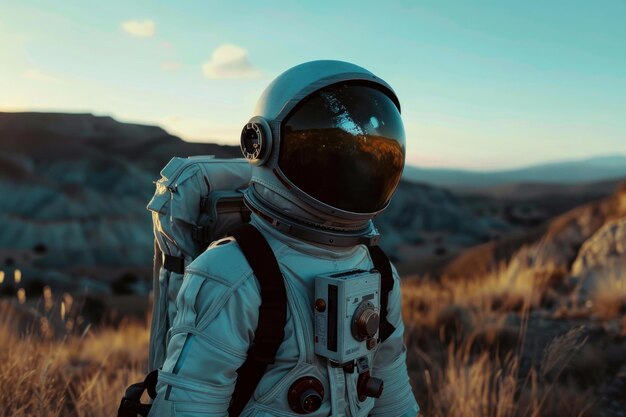 Photo astronaut exploring rocky terrain at sunset