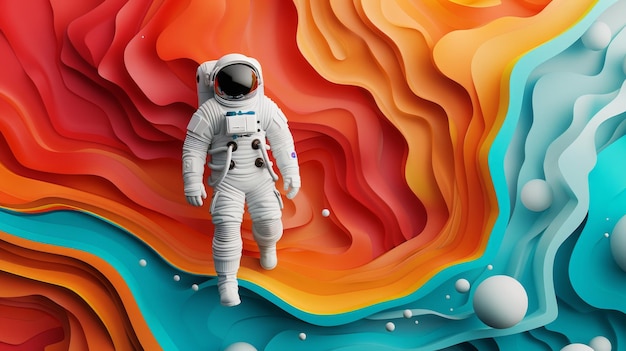 Astronaut exploring a surreal abstract landscape with vibrant colors and fluid shapes