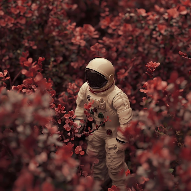 Astronaut Exploring Vibrant Red Foliage in Forest